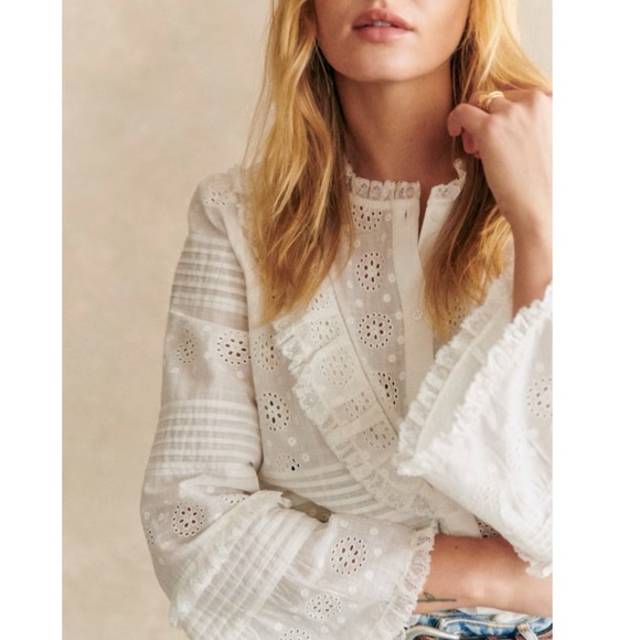 SEZANE White Floral Eyelet Embroidered Pleated Lace Ruffle Bell Sleeve Nele Top - Picture 5 of 17